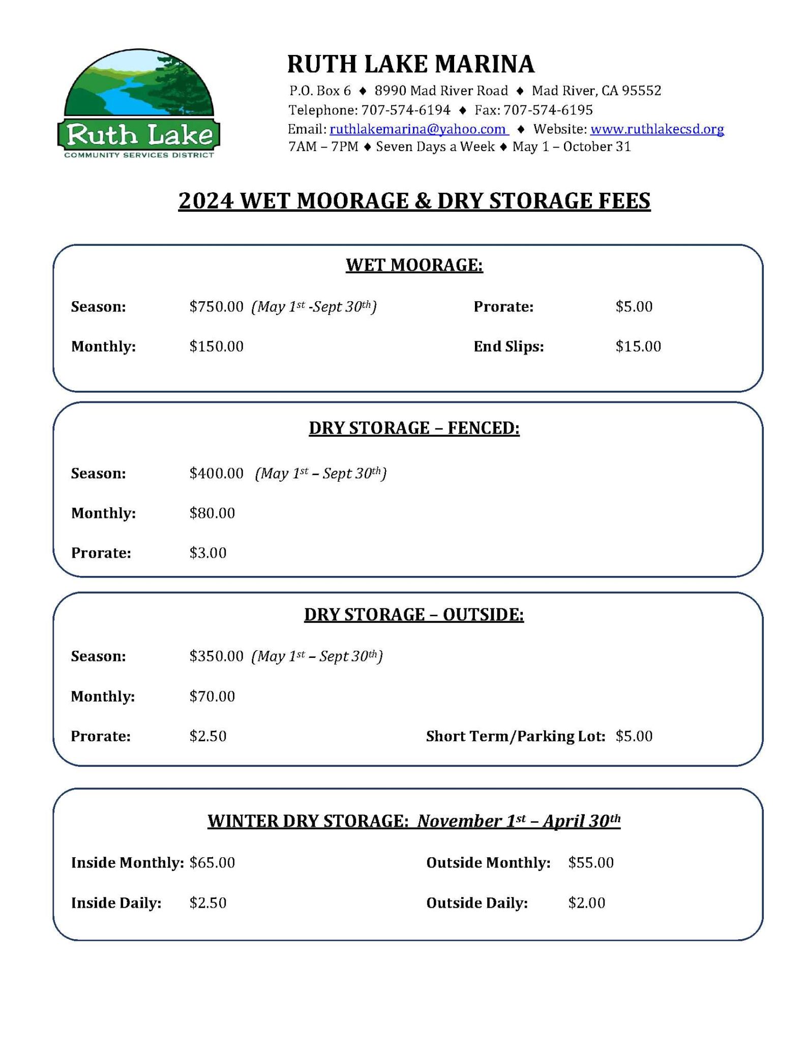 Marina Wet Moorage & Dry Storage Fees Ruth Lake