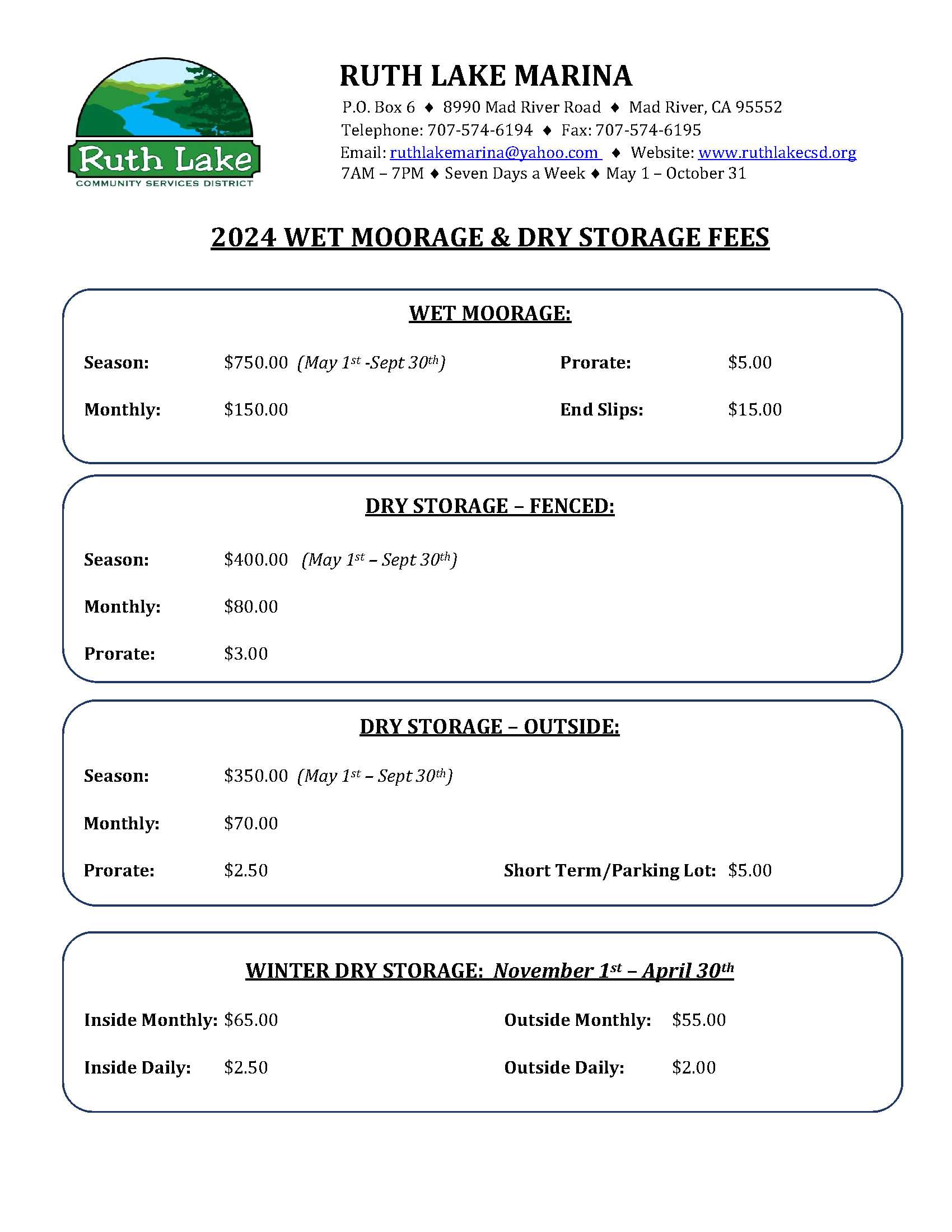Marina Wet Moorage &amp; Dry Storage Fees - Ruth Lake