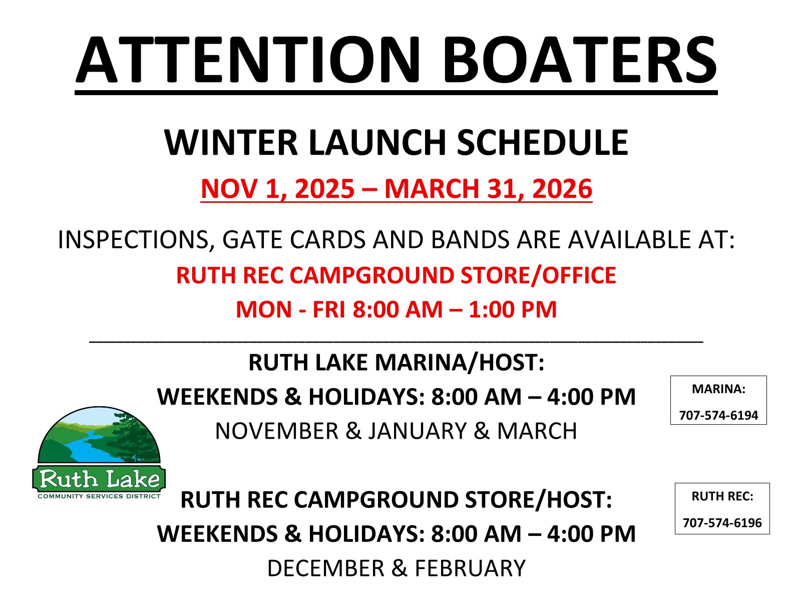 ATTENTION BOATERS Winter 25-26 Schedule